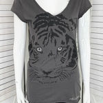 Bebe  Addiction Vintage Tiger Face Cage Back Tee Shirt Grey Small Rhinestone Photo 0