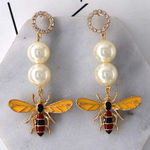 Elegant Pearl Bee Drop Earrings | Gold Enamel Insect Jewelry Vintage Style NWT Yellow Photo 0