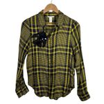 H&M Yellow Navy Plaid Button Down Shirt with Sequin Bird Size 4 100% Viscose Photo 4
