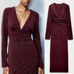 ZARA  NWT burgundy v neck long sleeve midi dress with ruched draped detail Photo 1