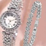 2pcs Watch and Bracelet Set Women Quartz Watch + Heart Bracelet Bling Silver Photo 0