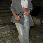 ZARA TRF MID WAIST LOOSE LONG WIDE LEG FOIL LONG JEANS SILVER/White NEW Photo 1