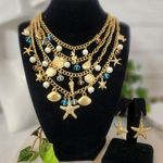 Gold 4 Strand Chain Necklace with Nautical Charms and Starfish Earrings Set Photo 0