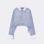 ZARA  blue & white tie strap bow cropped button front collar long sleeve shirt Photo 2