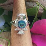 Solid Sterling Silver Abalone Shell Owl Ring Size 7.5 Green Photo 2