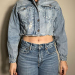 y2k American Eagle Denim Jacket with Gray Hood Size XS Blue Photo 0