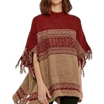 Free People Red Tan Aztec Fringe Knit Poncho Sweater Mock Neck Medium Large Photo 0