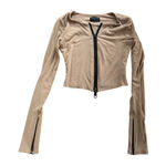 White Fox Boutique WHITE FOX Ribbed Knit Crop Zip-Up Top XS Tan Y2K Street Style Neutral Aesthetic Photo 0