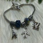 Airplane Eiffel Tower suitcase silver tone charm bracelet Photo 2