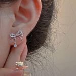 Boutique Coquette Rhinestoned Silver Bow Earrings Photo 1
