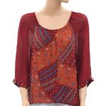 Lucky Brand Blouse M Sheer Beaded Boho Top Embroidered Burgundy Festival Gypsy Photo 1