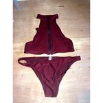 Aerie Burgundy TWO PIECE BIKINI SET High Neck Zipper Top Cheeky Bottom M L Photo 2