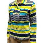 Live a Little Button Up Neon Navy Green Aqua Striped Pocket Jacket Womens Small Photo 0