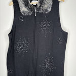 Vtg CJ Banks Womens 2X Sweater Vest Faux Fur Collar Sleeveless Snowflake Beads Black Photo 0