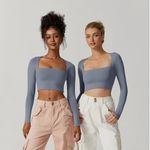 Qinsen Long sleeve Square Neck blue Workout top XS NWT Lounge Pilates Barre Gym Photo 0