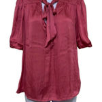 Paige Pink Satin Blouse Tie Neck Short Sleeves Small NWT Secretary Slinky Work Photo 0