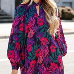 Magenta Dark Floral Flow Satin Dress ODDY Small Long Sleeve Short High Neckline Purple Photo 0