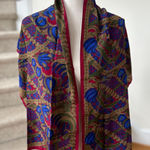 Vintage 80s Olive Cobalt Blue Burgundy Silk Lotus Floral Paisley Scarf Photo 0
