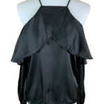 Haute Rogue  Black Cold Shoulder Satin Ruffle Blouse Small Elegant Date Night NWT Photo 0