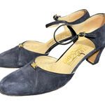Salvatore Ferragamo Vintage Suede Mary Jane Heels Navy Blue Gold Buckle Strap 8 Photo 0