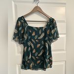 Loft Square Neck Top Green Brown Feather Print Size S Photo 9