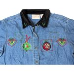 VTG Holiday Denim Shirt Women S 18x26 Christmas Embroidered Velvet Collar 90s Blue Size undefined Photo 3