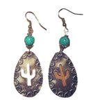 Silver Tone Earrings with Turquoise Bead Teardrop Oval‎ Shaped with Cactus Photo 1