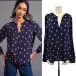 Anthropologie Kendra Dandy Dreamer Buttondown Top Blouse Pineapple Navy Blue 12 Photo 1