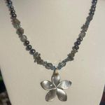 Vintage Iridescent Glass Pearl Bead Necklace Mother of Pearl Abalone Flower 18" Blue Photo 0
