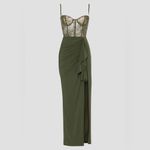 Katie May  x‎ Revolve Willow Olive Green Lace Bustier slit Maxi gown Dress size M Photo 3