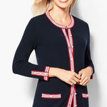 Talbots Textured Tipped Cotton Cardigan in Navy Blue Pearl Buttons Detail, 1X Photo 0