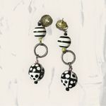 Vintage Earrings Black White Polka Dot Hoop Blue Gem Drop Dangle Beaded Photo 1