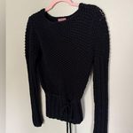 Anthropologie | Hand Knit by Dollie Black Sweater with Pom-Pom Tie Waist | L Photo 1