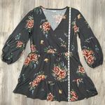 Maurice's  Gray Floral Cozy Tiered Long Puff Sleeve Mini Dress V Neck Size XL Photo 2