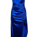 Liz & Sara Royal Blue Shiny Satin Ruched High Leg Slit Party Dress Large L Prom Photo 0