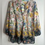 Fig & Flower Border Print Boho 3/4 Sleeve Blouse size medium Black Photo 3