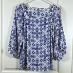 Loft Ann Taylor White Blue Square Neck Long Sleeve Size Small EUC #1177 Photo 1