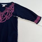 Gretchen Scott Navy Blue Pink Embroidery V Neck Gauze Pockets Tunic Dress LARGE Photo 5