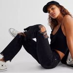 Free People Maggie Mid Rise Washed Black Distressed Straight Leg Cropped Jeans Photo 0