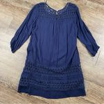 Solitaire  Midi Dress Women L Blue 3/4 Sleeve Crochet Lined Boho Rayon Keyhole Photo 4