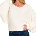 Boat Neck Balloon Sleeve Ribbed Sweater in Off White Size L Photo 0