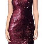 Betsy and Adam One Shoulder Burgundy Sequin Cocktail Dress Photo 0