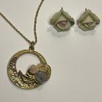 Pink Porcelain Rose Pendant Necklace gold chain 2 sets of Earrings yellow purple Photo 5