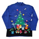 VTG Ugly Christmas Sweater Lg Blue Tree Presents Oversized Ramie Holiday Granny Photo 3