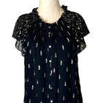 Rebecca Taylor Shirt Women 4 Black Metallic Gold Silk Ruffle Button Down Top Photo 0