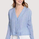Rails  Sloane Azure Stripe Tie Front Button Down‎ Blouse Top Linen Blend Coastal Photo 0