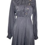 SheIn  Black Shiny High Neck Button Pleated Balloon Ruched Sleeve Dress Zip XL Photo 0