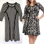 TAYLOR Cream Beige Black Geo Geometric 3/4 Sleeve Knit Fit & Flare Sweater Dress Size M Photo 1