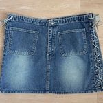 No Boundaries Vintage Y2K Faded Rawhide Leather Lace Up Sides Denim Mini Skirt Photo 3