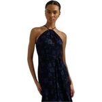 Ralph Lauren NWT Floral Jacquard Sleeveless Navy Halter Dress Tiered Ruffle 14 Photo 3